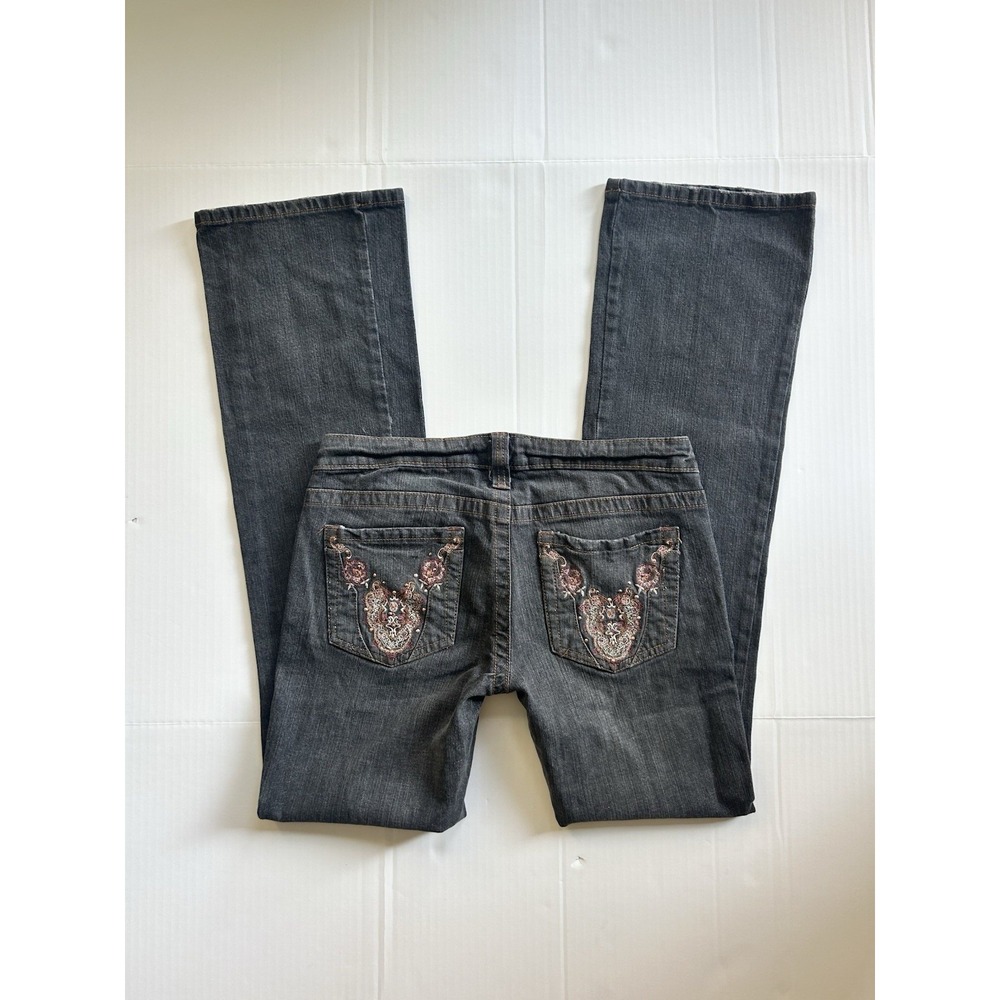 2000s Ultra Low Rise Flared Embroidered Jeans Y2K Mcbling Grunge